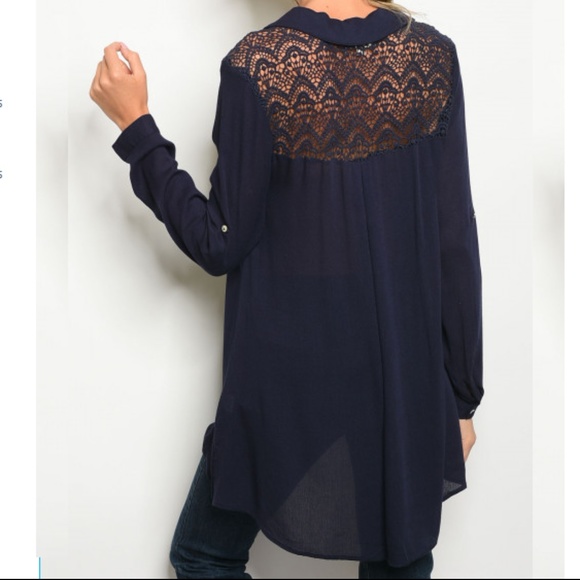 Navy Lace Up Longsleeve Crochet Back Collar Tunic - Picture 2 of 2